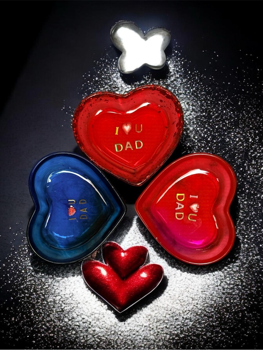 Hand Crafted Red and Blue Heart Trinket Dishes - "I ♥ U DAD"